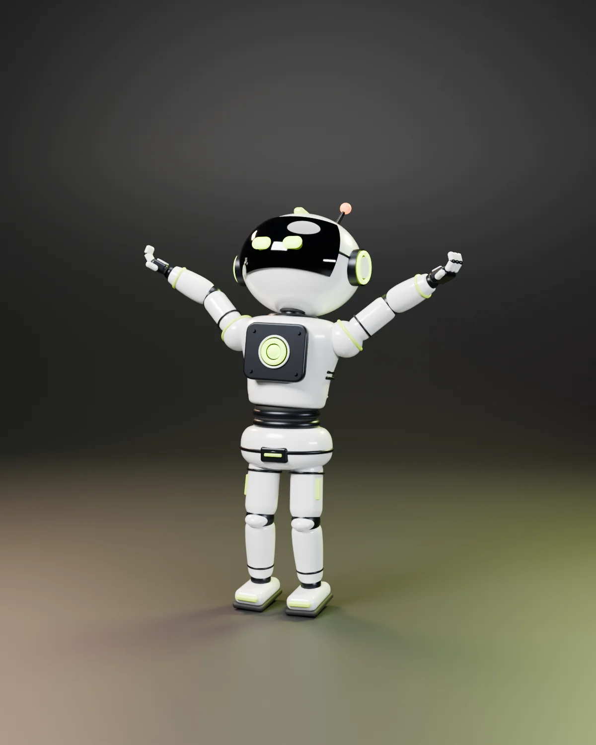 Dimi the robot celebrating with both arms raised in a studio