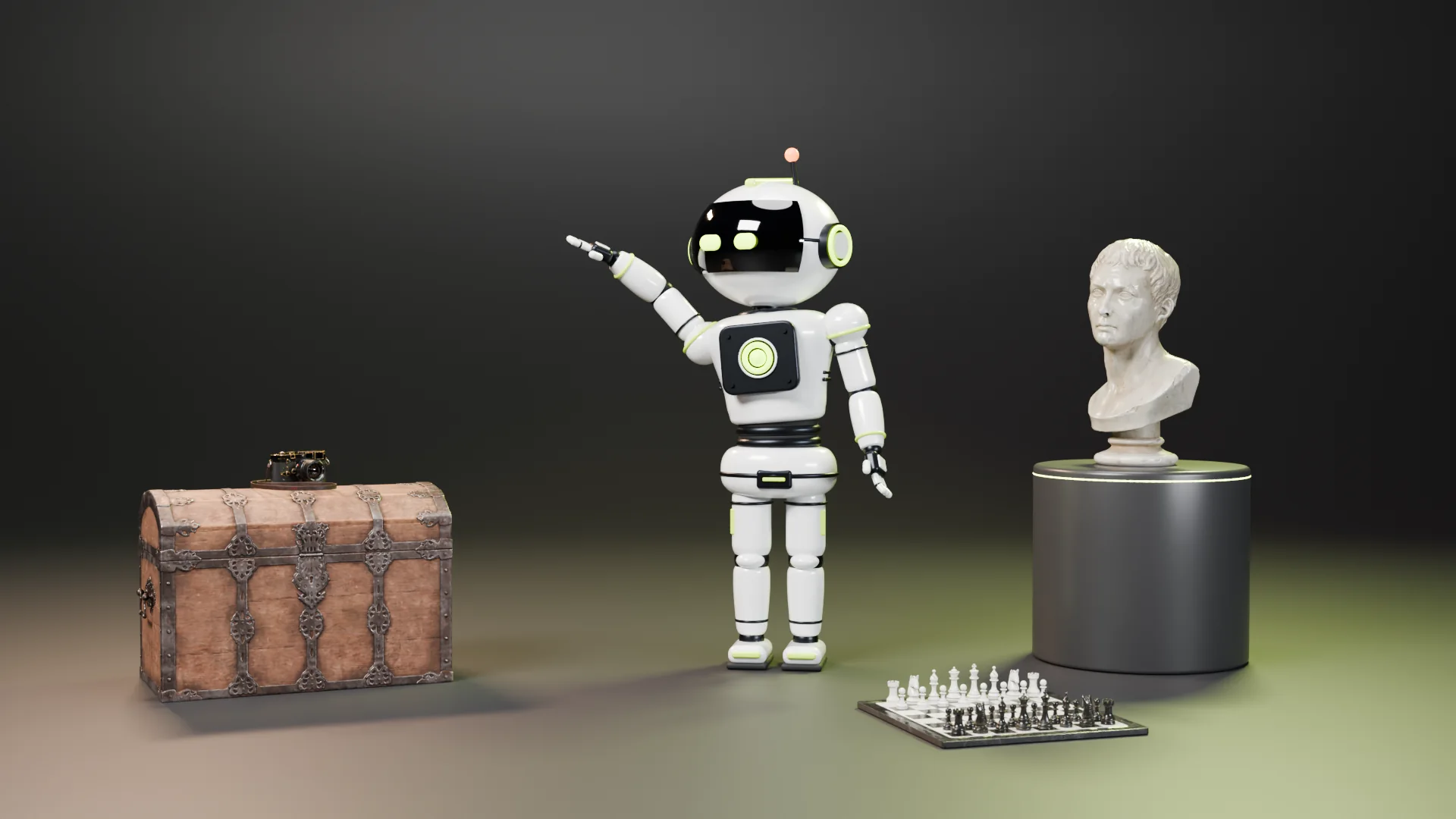 Dimi the robot presenting a treasure chest, a vintage camera, a chess set and a marble bust in a dark studio