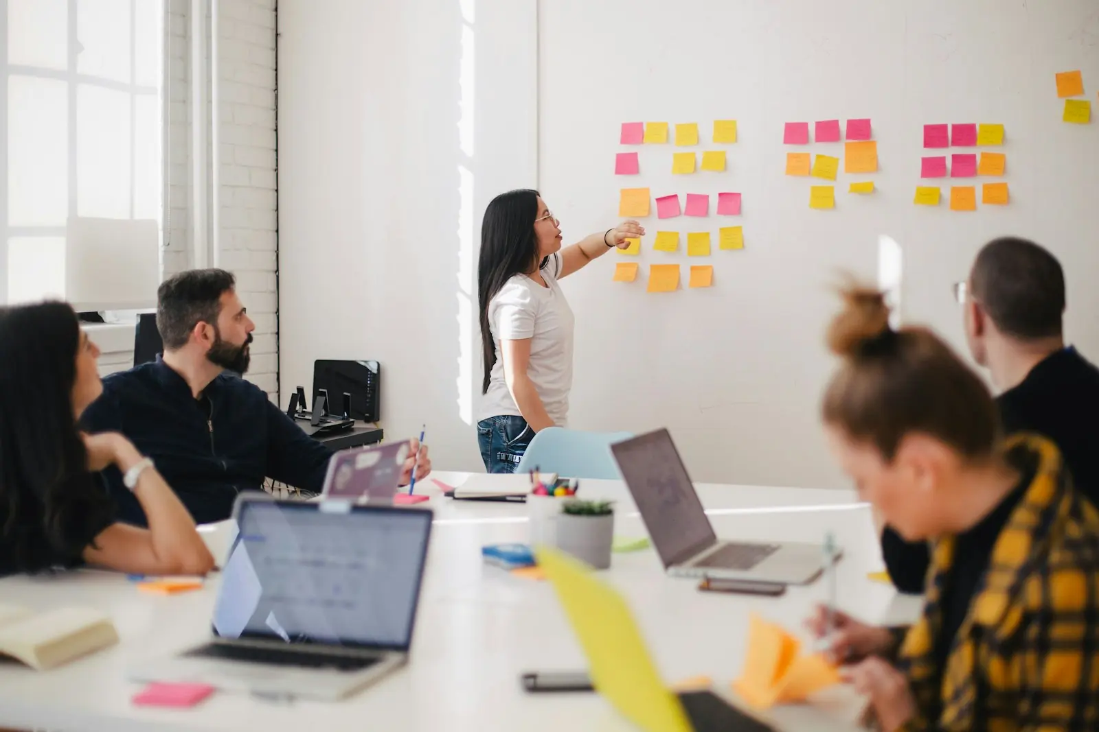 A workshop with sticky notes on a whiteboard