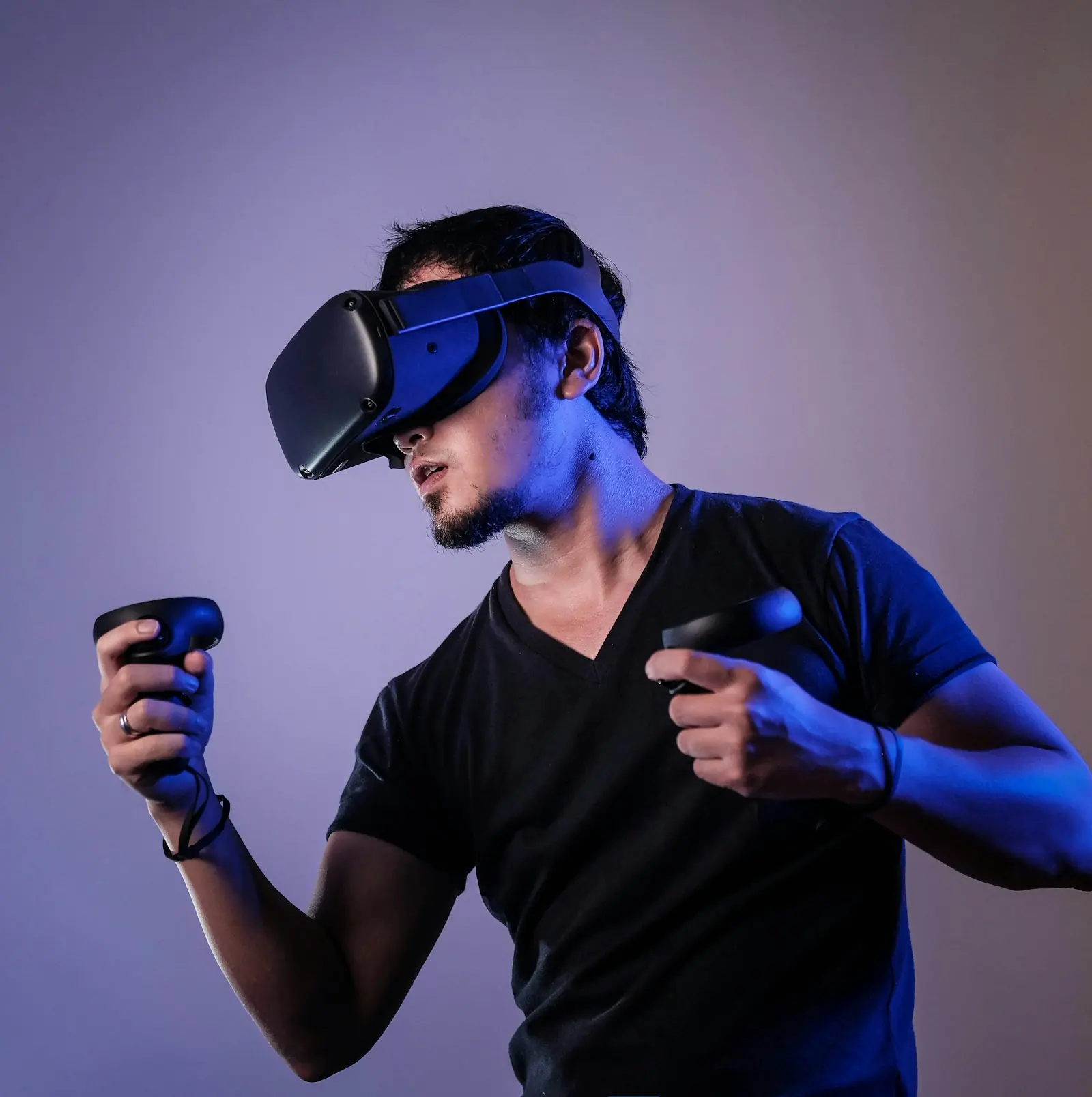 A person using a VR headset and controllers