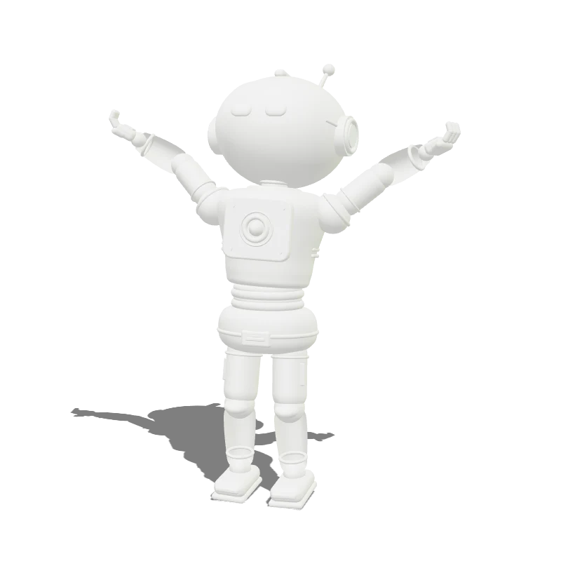 Clay render of Dimi, a rigged robot character, celebrating